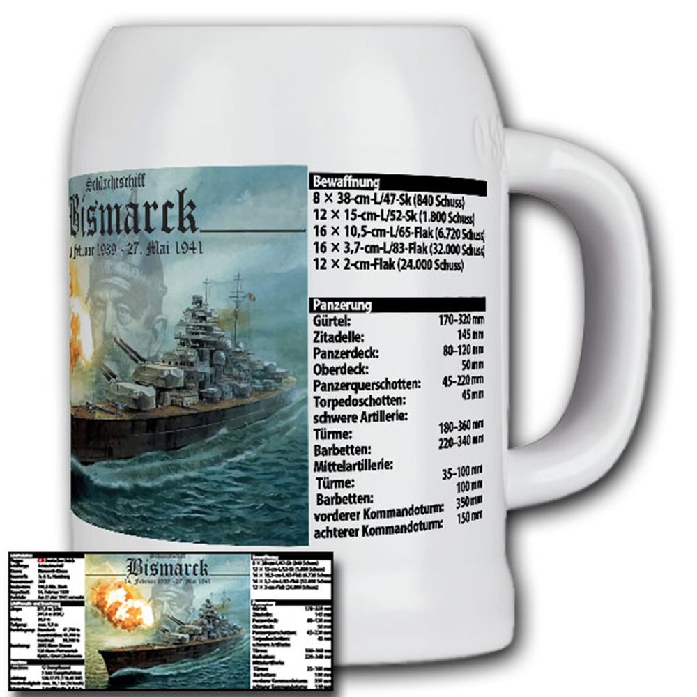 Schlachtschiff Bismarck mit Daten Marine Geschütz - Krug/Bierkrug 0,5l #14927