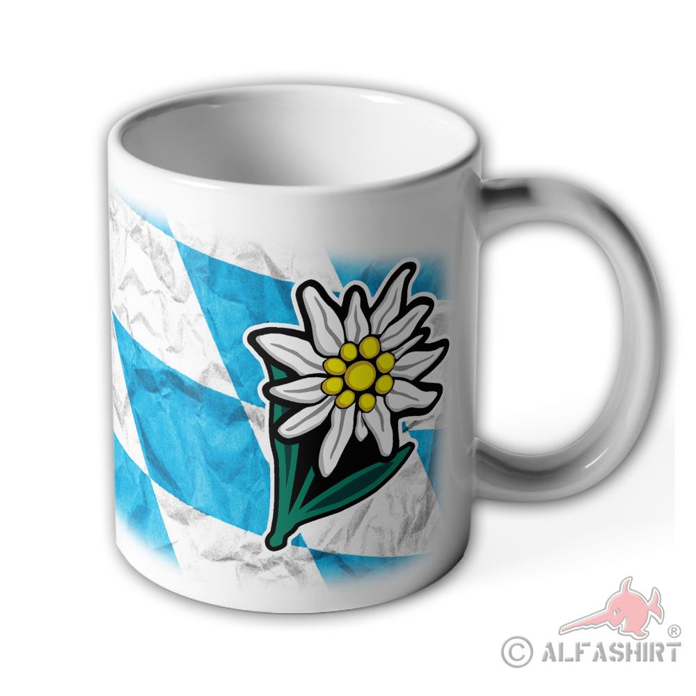 Tasse Bayern Edelweiss Kaffee Becher Alpen Blume Raute blau weiß #36378