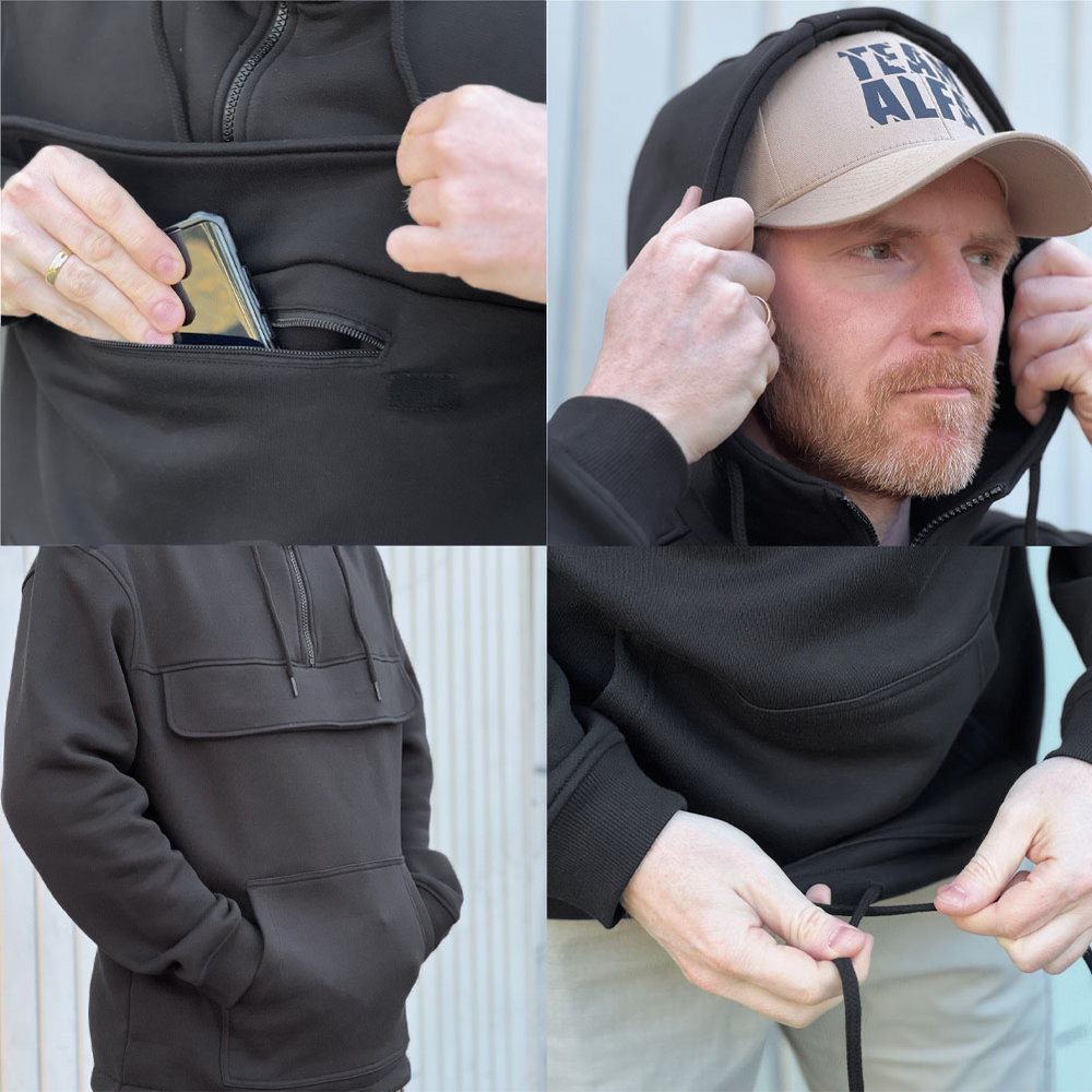 Tactical Outdoor Hoodie Sweatshirt schwarz mit Kapuze Brusttasche Kragen #44291