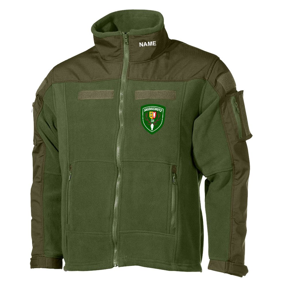 Embroidered fleece jacket, olive green, hunting protection Schleswig-Holstein (SH), state #47261