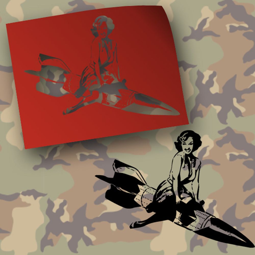 Lackierschablonen Aufkleber Girl Bomb V2 Rakete Pin Up Girl 45x34cm A461