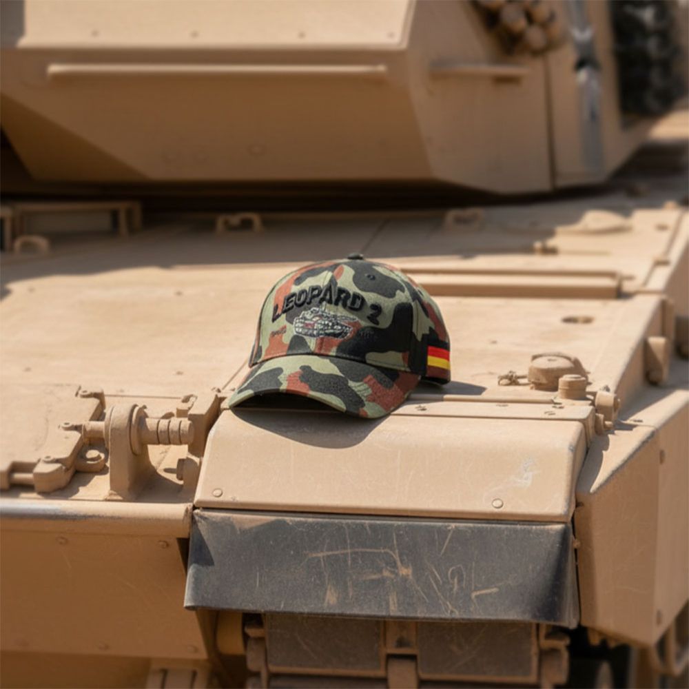 Baseball cap with embroidered Leopard 2 tank design, 1979 camouflage pattern #47580