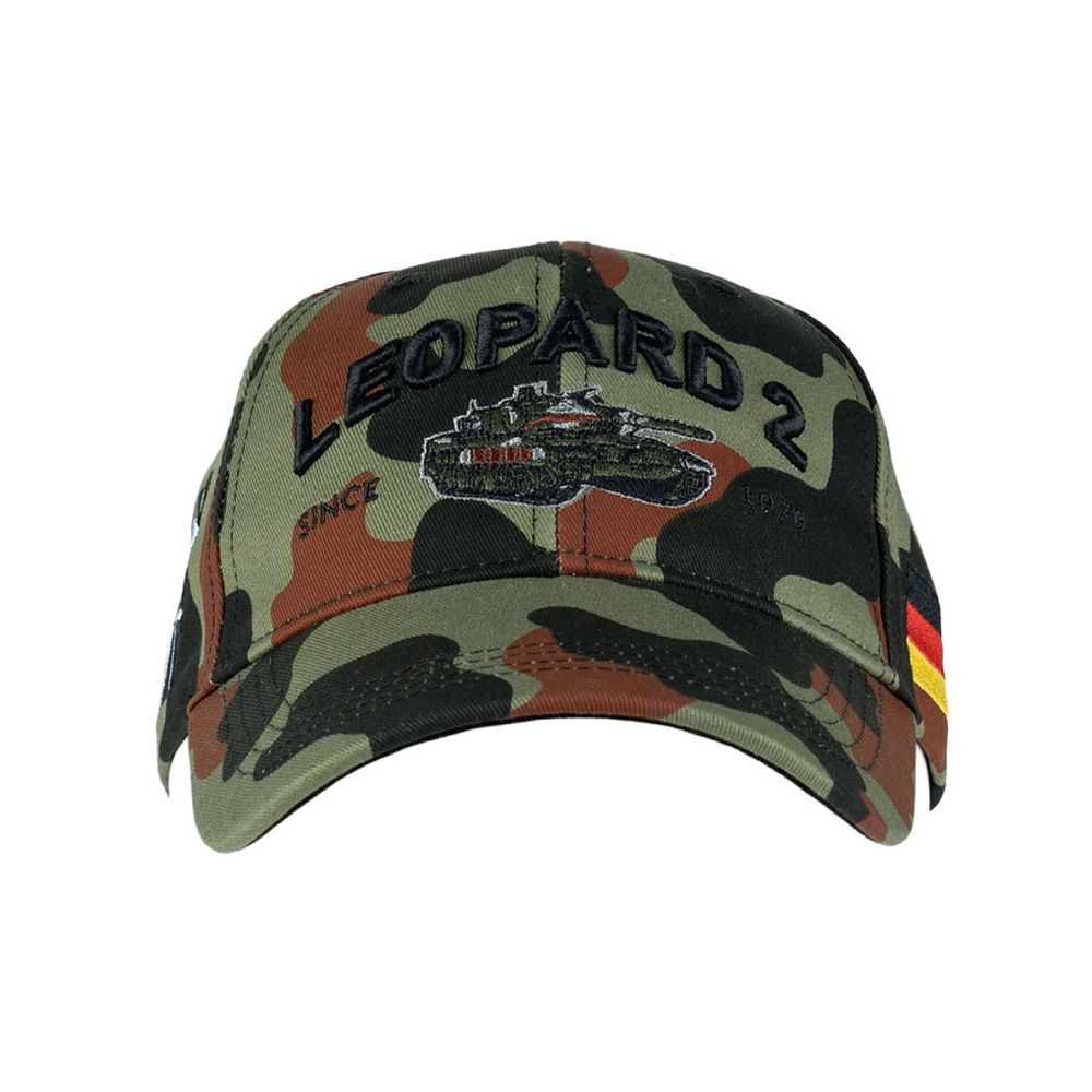 Baseball cap with embroidered Leopard 2 tank design, 1979 camouflage pattern #47580