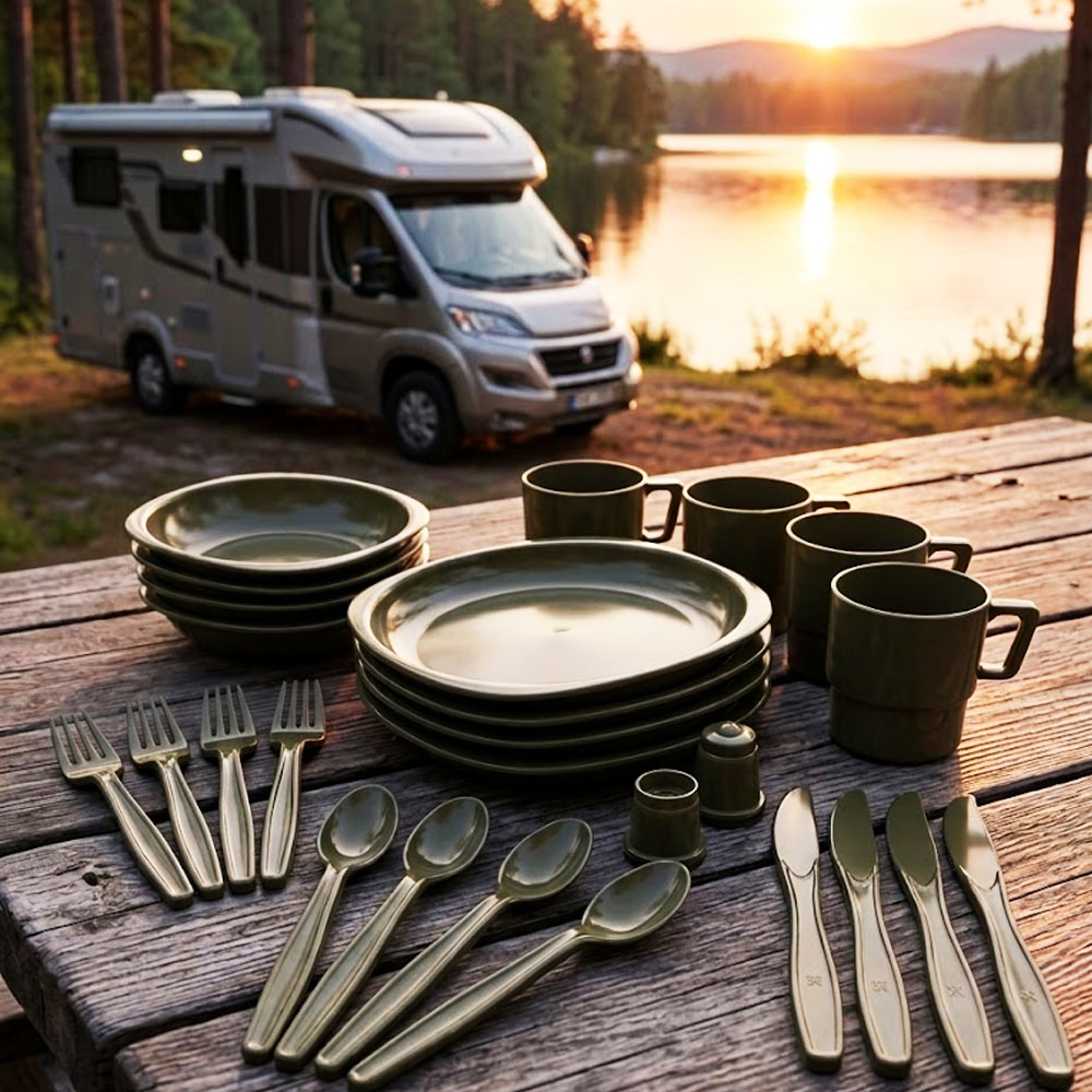 Camping-Geschirr Set Oliv 26 tlg. Essgeschirr Bruchfestes für 4 Personen #43348