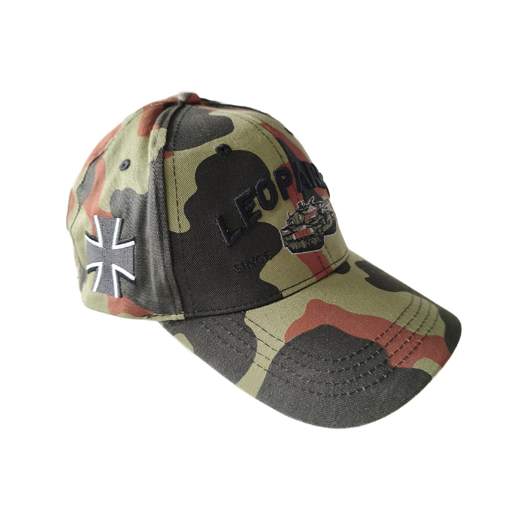 Baseball cap with embroidered Leopard 2 tank design, 1979 camouflage pattern #47580