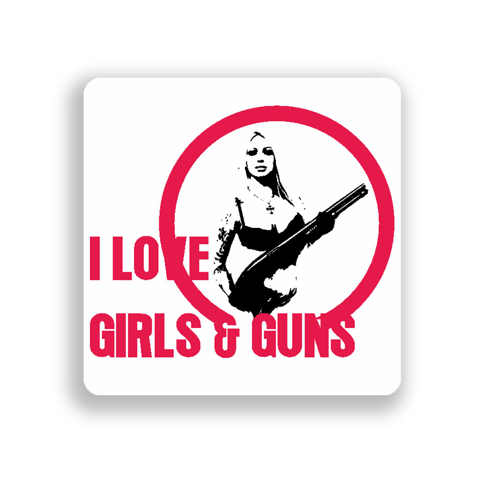I LOVE GIRLS & GUNS Aufkleber Sticker Waffen Brüste Sexy Titten 7x7cm#A3619