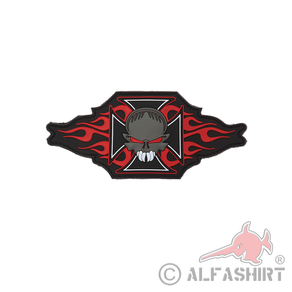 3D Rubber Biker Skull Patch Rot Rocker Chopper Flammen Alfashirt 6x15 cm #26991