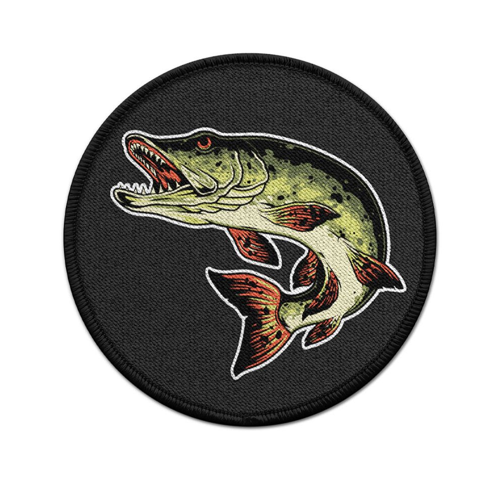Patch pike fish fishing rod bait velcro badge 9cm round #39925