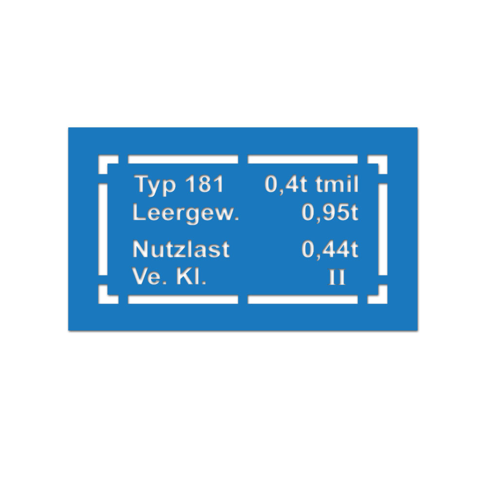 Lackierschablone Aufkleber 33x17cm Typschild Typ 181 Leergewicht Nutzlast #A6555