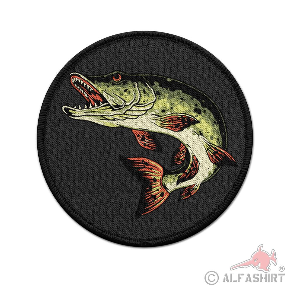 Patch pike fish fishing rod bait velcro badge 9cm round #39925