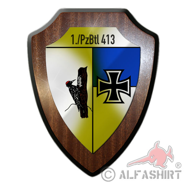 Heraldic shield PzBtl 413 unit woodpecker company staff coat arms badge # 25992