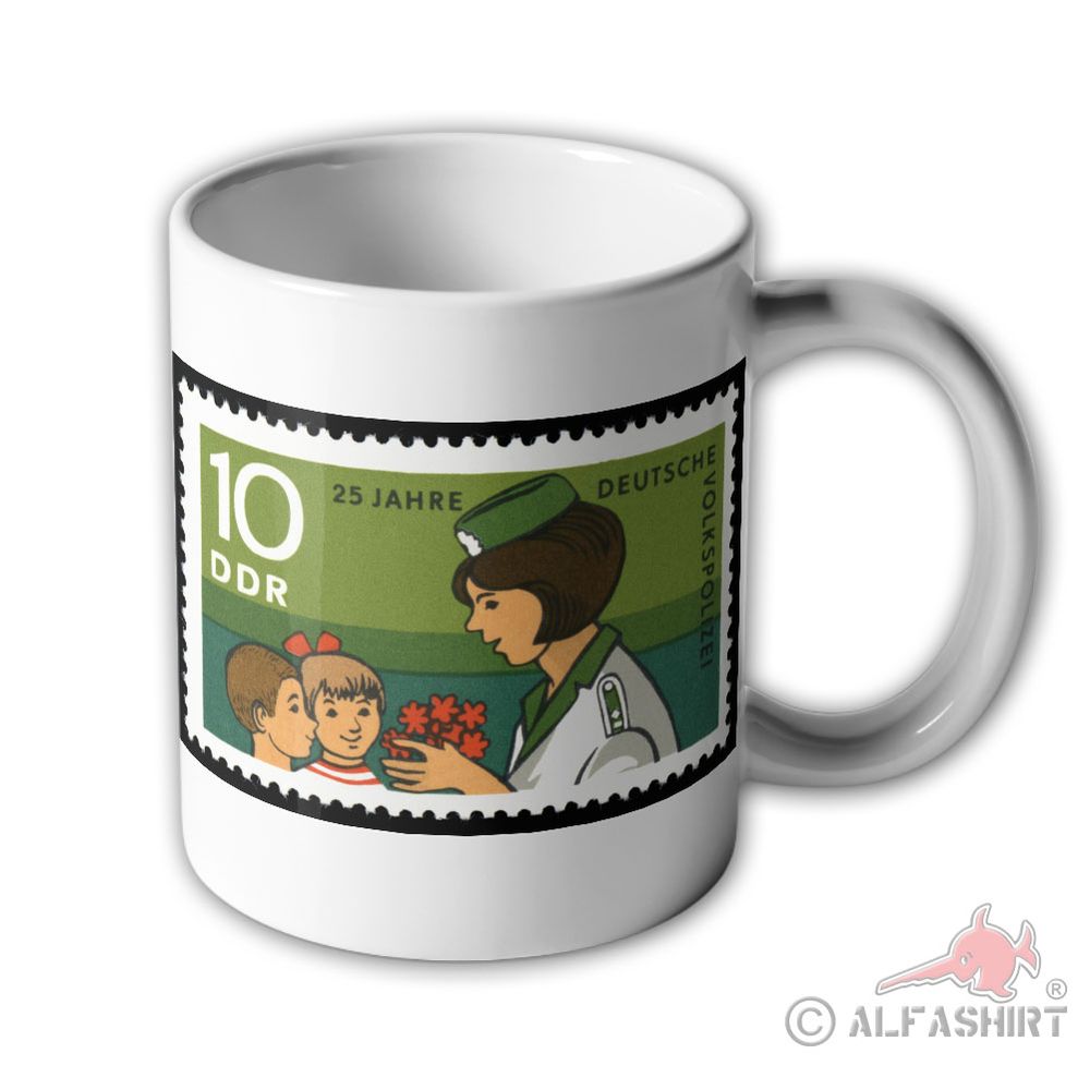 Tasse 25 Jahre Deutsche Volkspolizei DDR Briefmarke 10 Pfennig #34176
