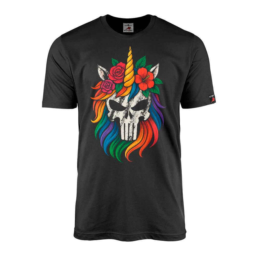Unicorn skull Einhorn Totenschädel Puni Tactical Regenbogen T-Shirt#46984
