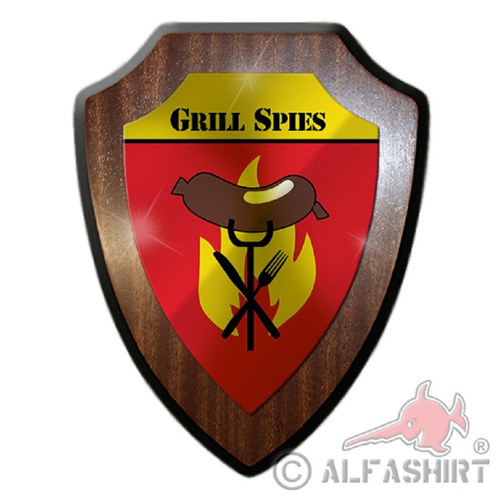 Wappenschild / Wandschild - Grill Spies Wurst Flamme Feuer Gabel Messer Würstchen Grillen Sommerzeit Sonne Fleisch Emblem #18873