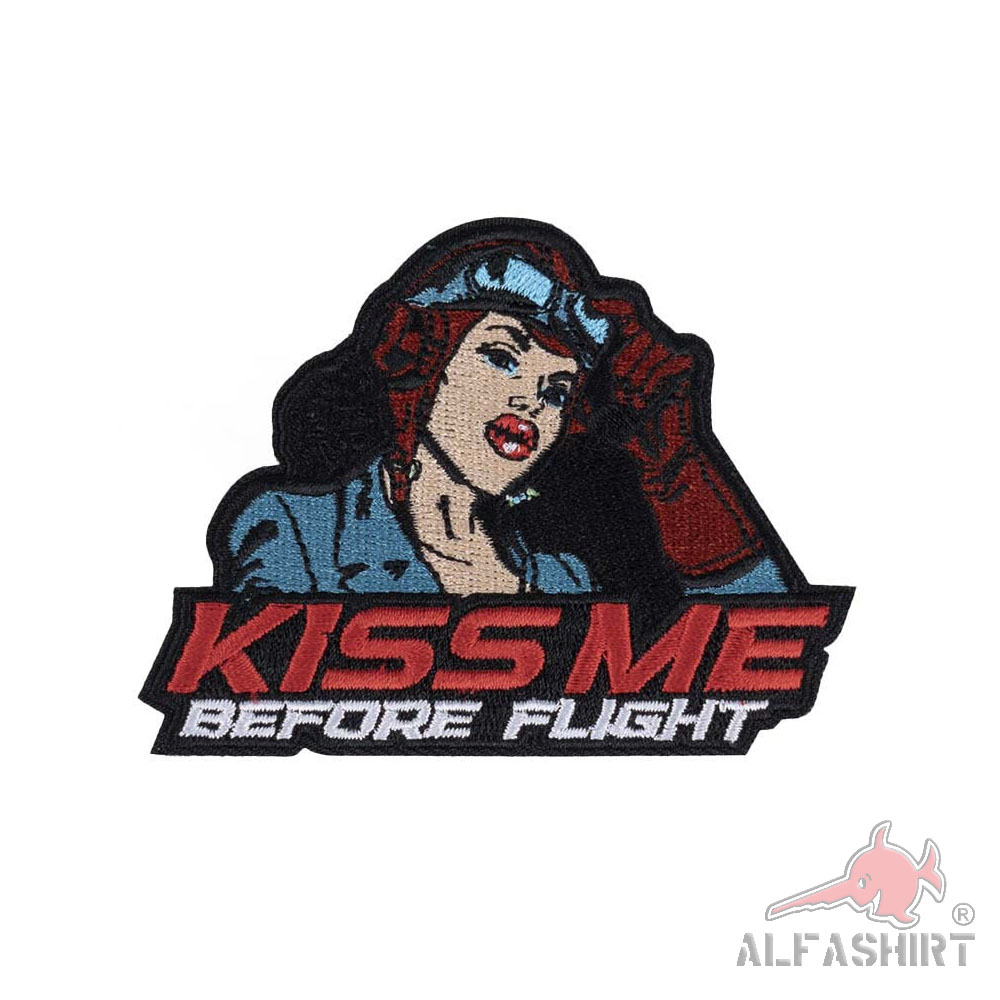 GESTICKT Patch Kiss me before flight Pilotin Girl Single Köln 9x6cm # 43648