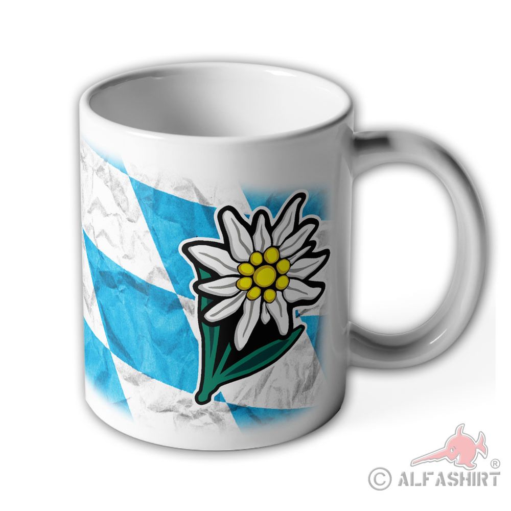 Tasse Bayern Edelweiss Kaffee Becher Alpen Blume Raute blau weiß #36378