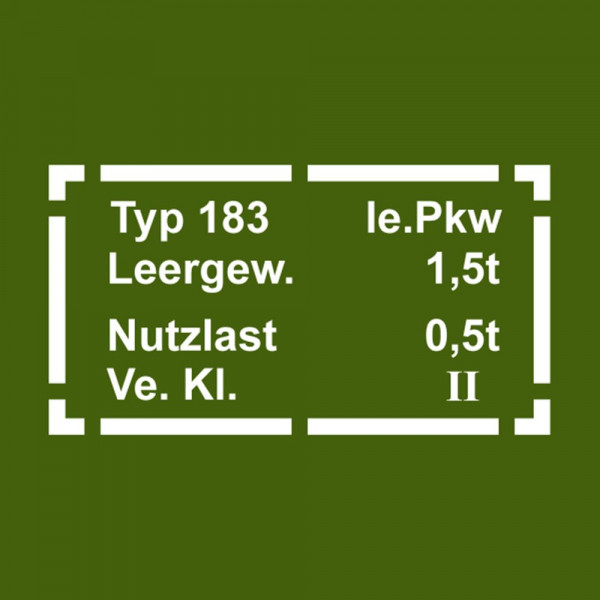 Aufkleber/Sticker Schild Typ 183 passend für VW Iltis Kfz Pkw weiß 33x17cm #A103