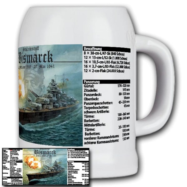 Schlachtschiff Bismarck mit Daten Marine Geschütz - Krug/Bierkrug 0,5l #14927